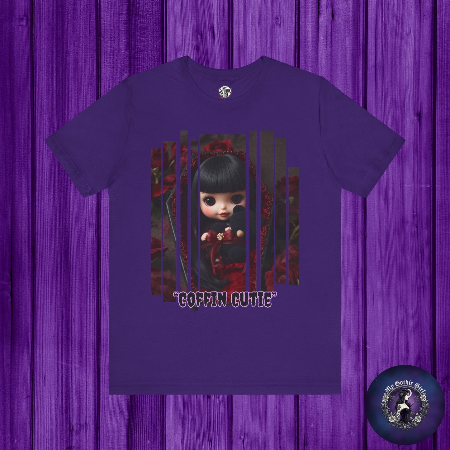 “Coffin Cutie” — cute Gothic doll peeking out from a small coffin Graphic T-Shirt – Alt Aesthetic Poetic Goth Street-wear