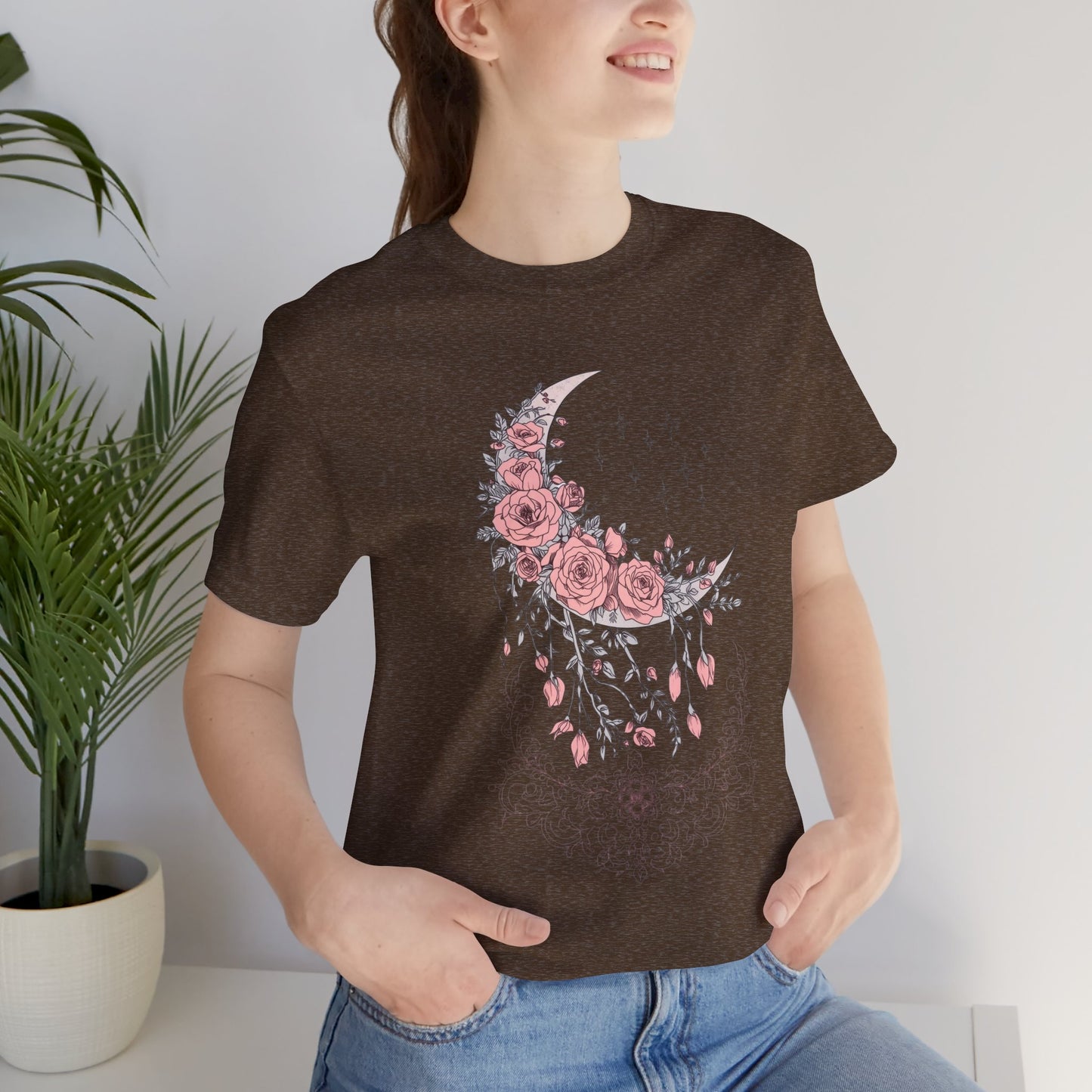 Celestial Goth Crescent Moon Tee with Dripping Florals – Mystic Graphic Art