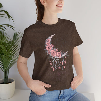 Celestial Goth Crescent Moon Tee with Dripping Florals – Mystic Graphic Art
