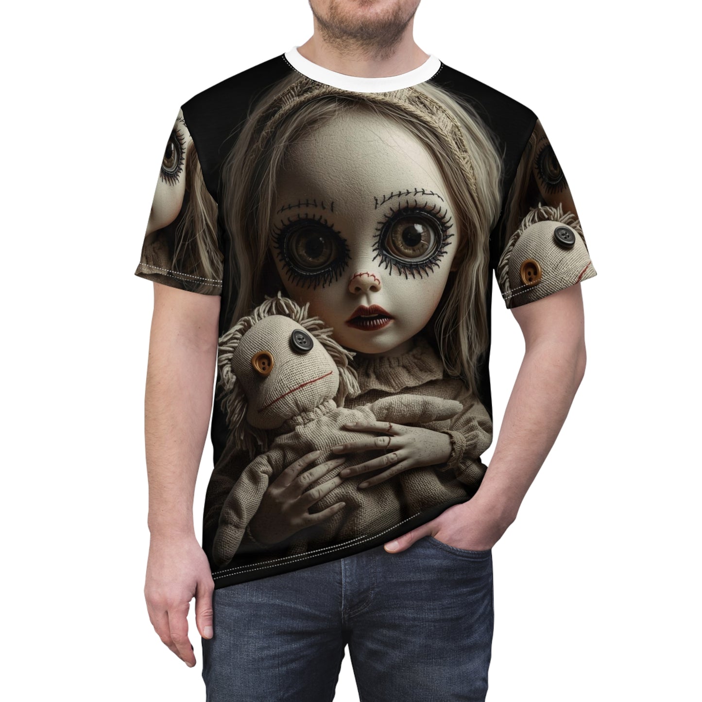Gunny Sack Doll with Toy Gothic Doll | Horror All-Over Print T‑Shirt