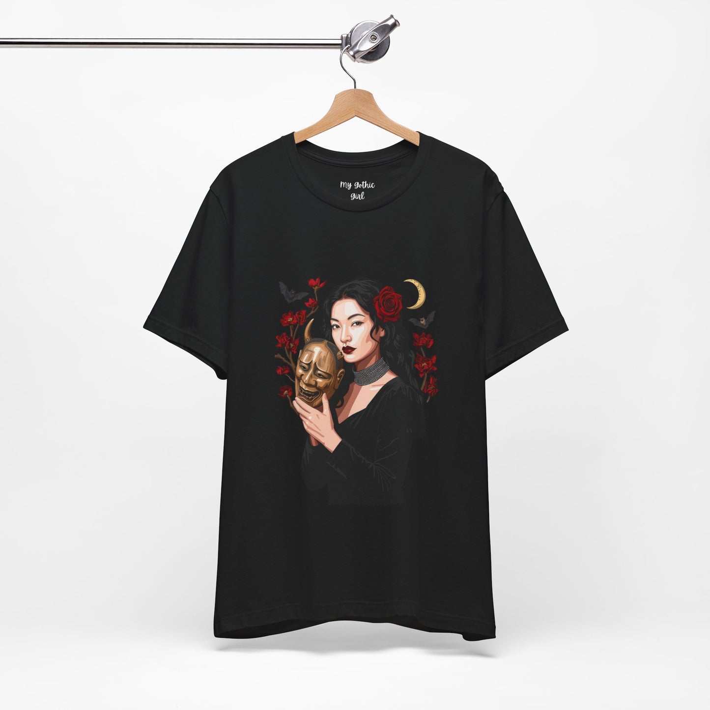 Gothic Rose Maiden Tee — Woman with Mask & Crescent Moon Graphic T-Shirt