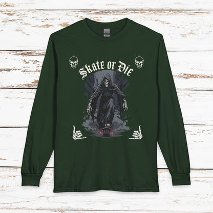 Skate or Die Long Sleeve Shirt — Gothic Skull Skateboard Tee