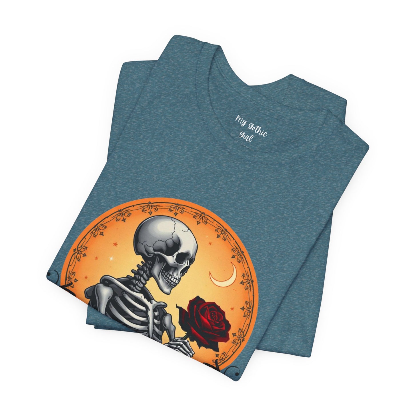 Mystical Gothic Skeleton and Black Rose Under Crescent Moon T-Shirt Design