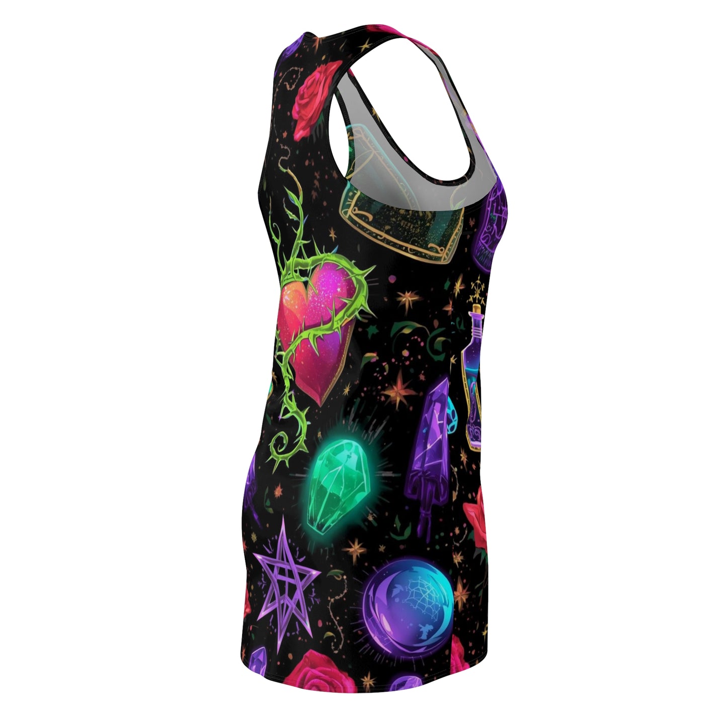 Mystic Heart Racerback Dress — Neon Witchy Potion & Crystal Print
