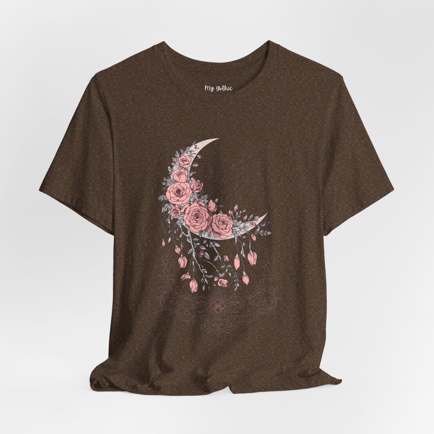 Celestial Goth Crescent Moon Tee with Dripping Florals – Mystic Graphic Art