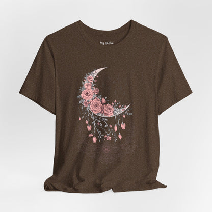 Celestial Goth Crescent Moon Tee with Dripping Florals – Mystic Graphic Art