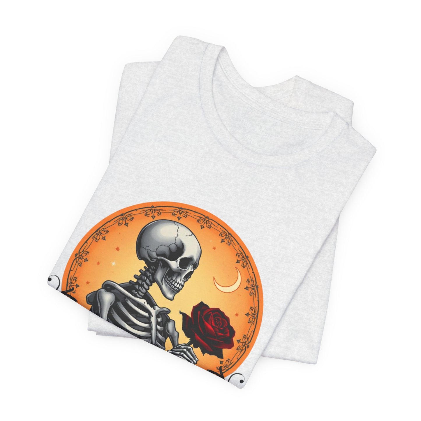 Mystical Gothic Skeleton and Black Rose Under Crescent Moon T-Shirt Design