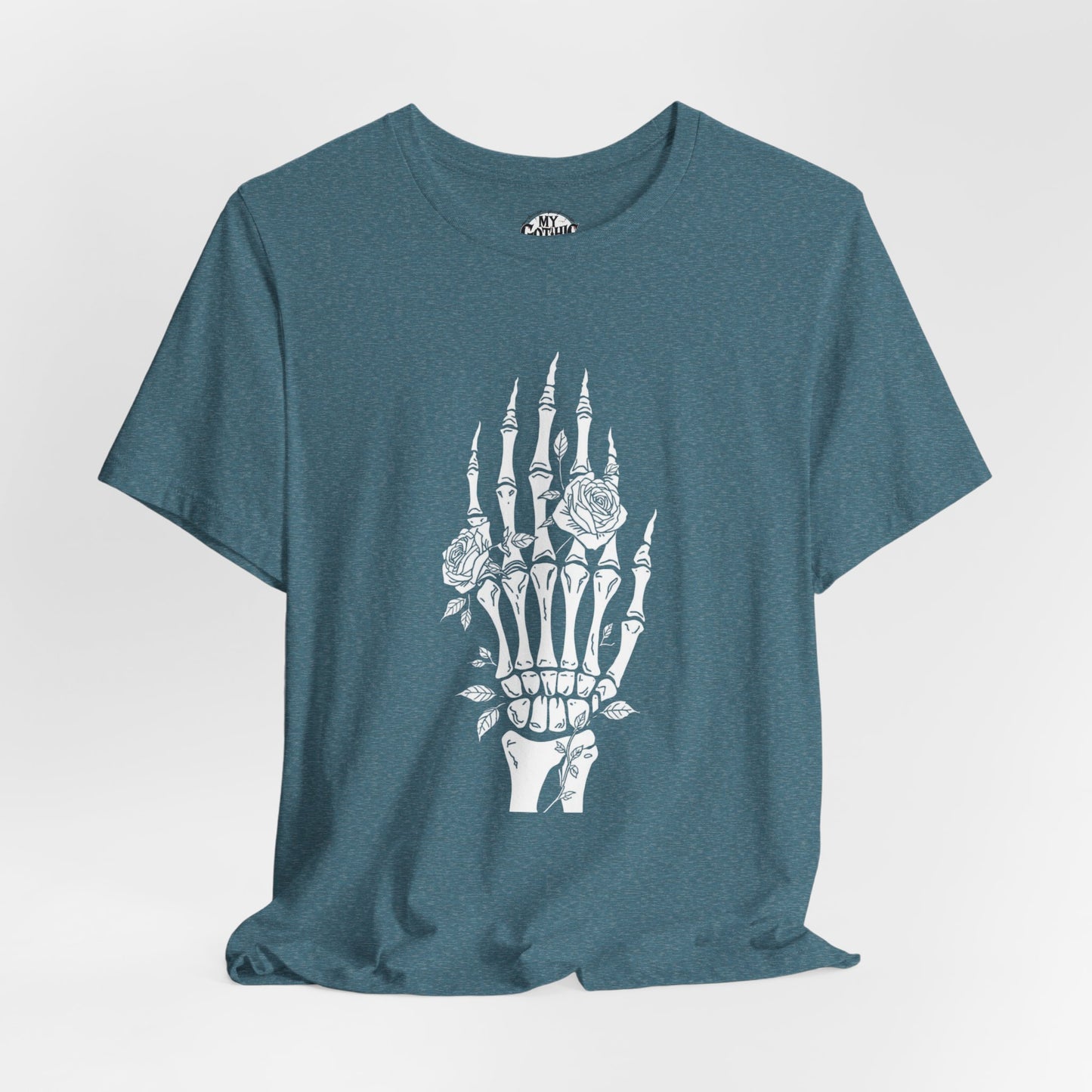 White Roses and Skeleton Hand  Gothic Graphic T-Shirt – Alt Aesthetic Poetic Goth Streetwear
