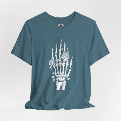 White Roses and Skeleton Hand  Gothic Graphic T-Shirt – Alt Aesthetic Poetic Goth Streetwear