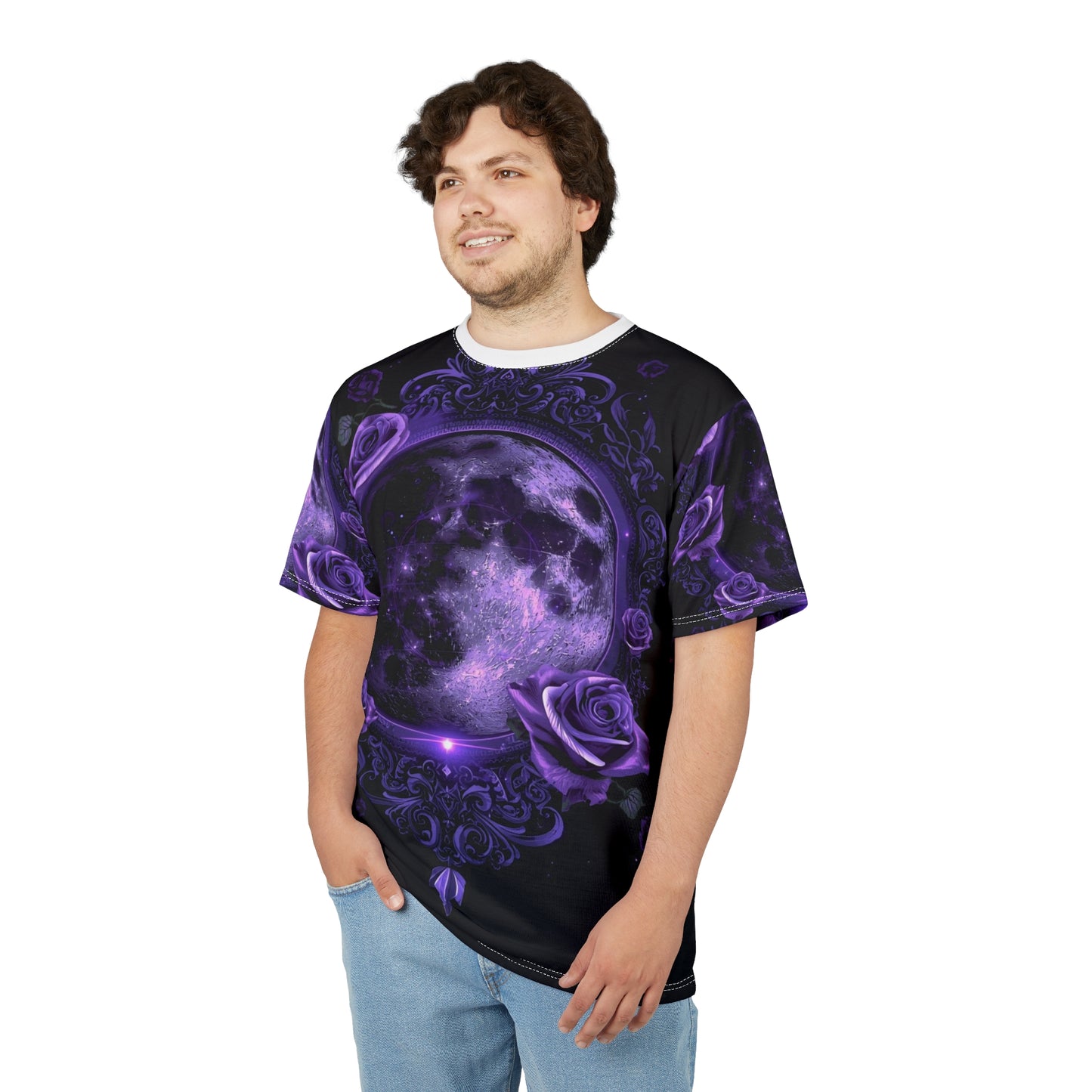 Purple Moon & Roses Tee — Gothic Floral Moonlight All-Over Print Shirt