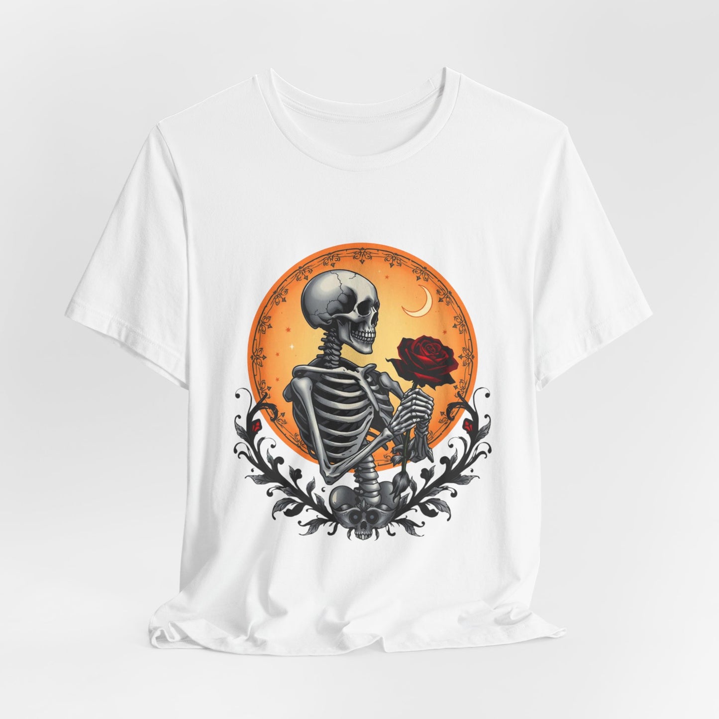 Mystical Gothic Skeleton and Black Rose Under Crescent Moon T-Shirt Design