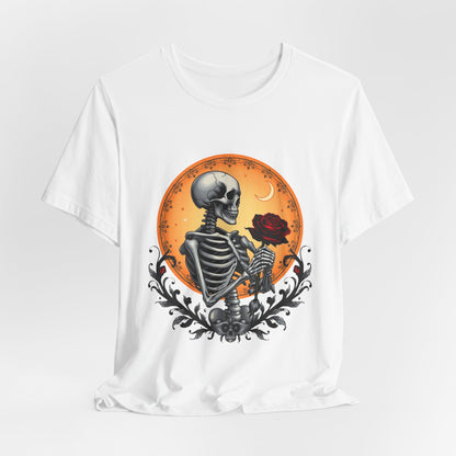 Mystical Gothic Skeleton and Black Rose Under Crescent Moon T-Shirt Design