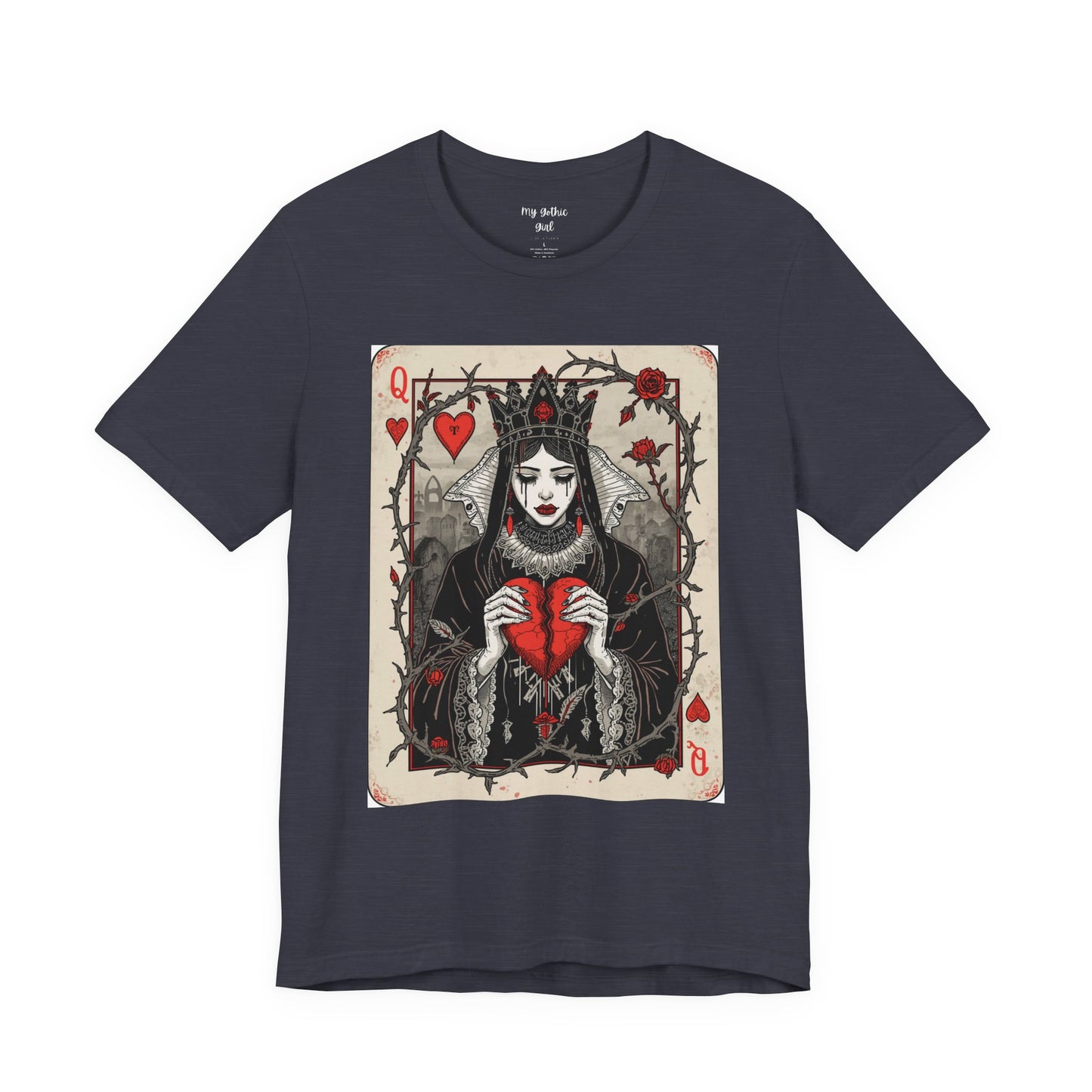 Queen of Hearts Playing Card T-Shirt — Gothic Rose Broken Heart Graphic Tee
