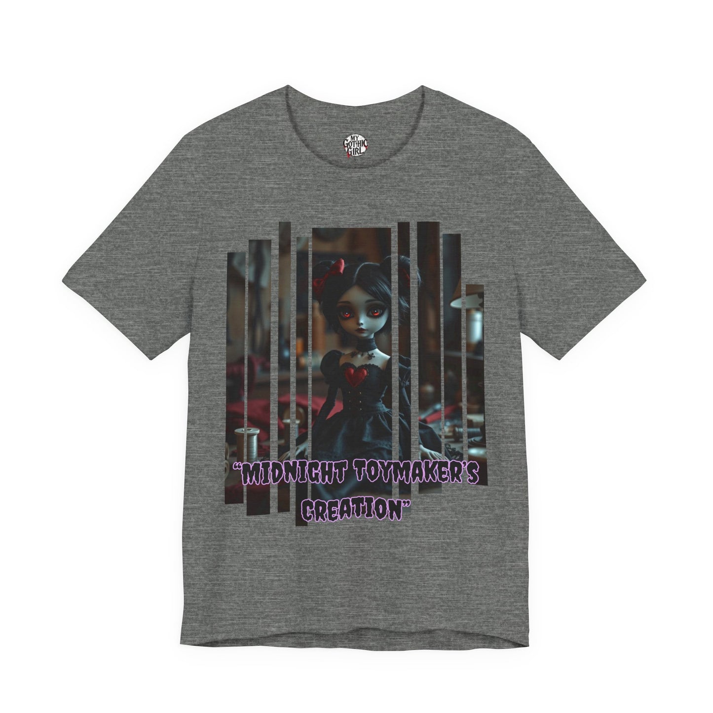 “Midnight Toy-maker's Creation” —hand-stitched Gothic doll Graphic T-Shirt – Alt Aesthetic Poetic Goth Street-wear