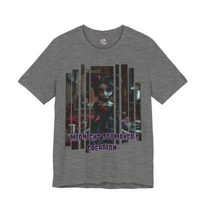 “Midnight Toy-maker's Creation” —hand-stitched Gothic doll Graphic T-Shirt – Alt Aesthetic Poetic Goth Street-wear