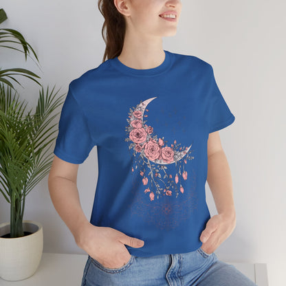 Celestial Goth Crescent Moon Tee with Dripping Florals – Mystic Graphic Art