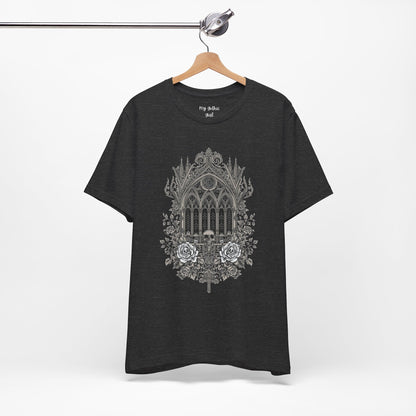Gothic Cathedral Floral Tee — Intricate Rose Window Graphic T-Shirt