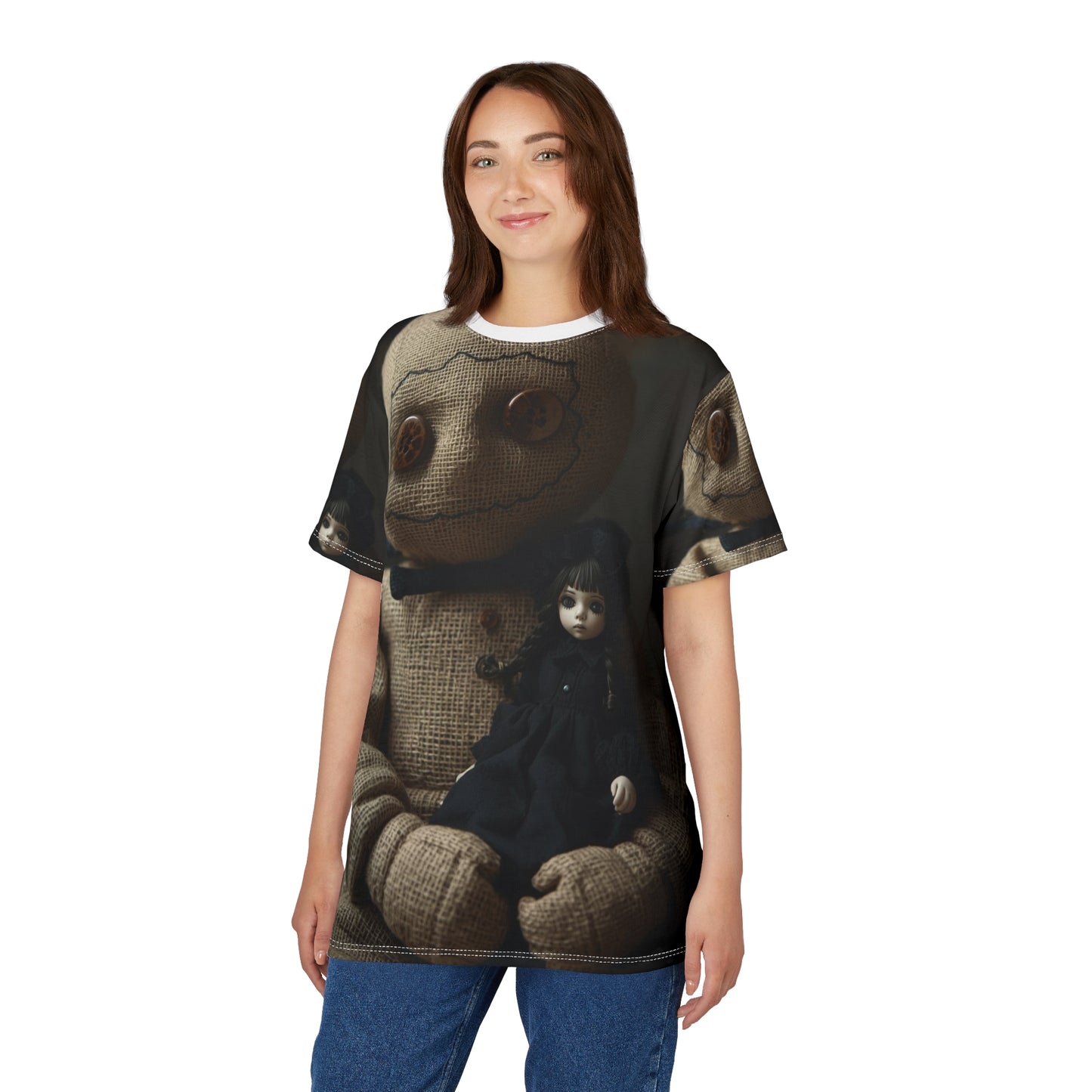 Gunny Sack Doll with Toy Gothic Doll | Horror All-Over Print T‑Shirt