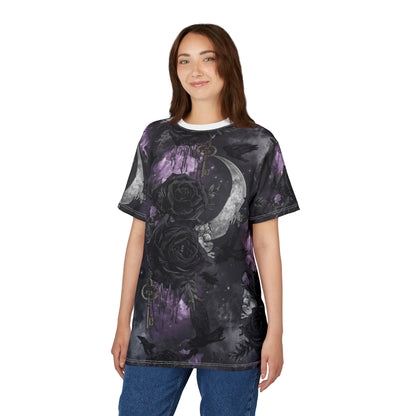 Gothic Moon & Roses Tee — Dark Floral Crescent Moon Keys All-Over Print