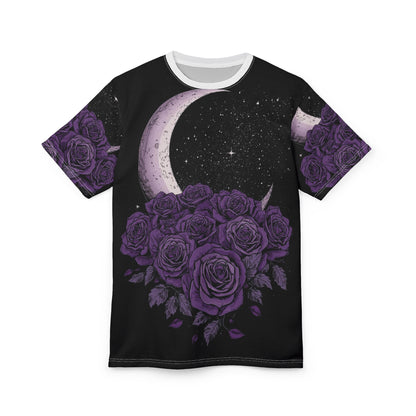 Purple Moon & Roses Tee — Gothic Floral Moonlight All-Over Print Shirt