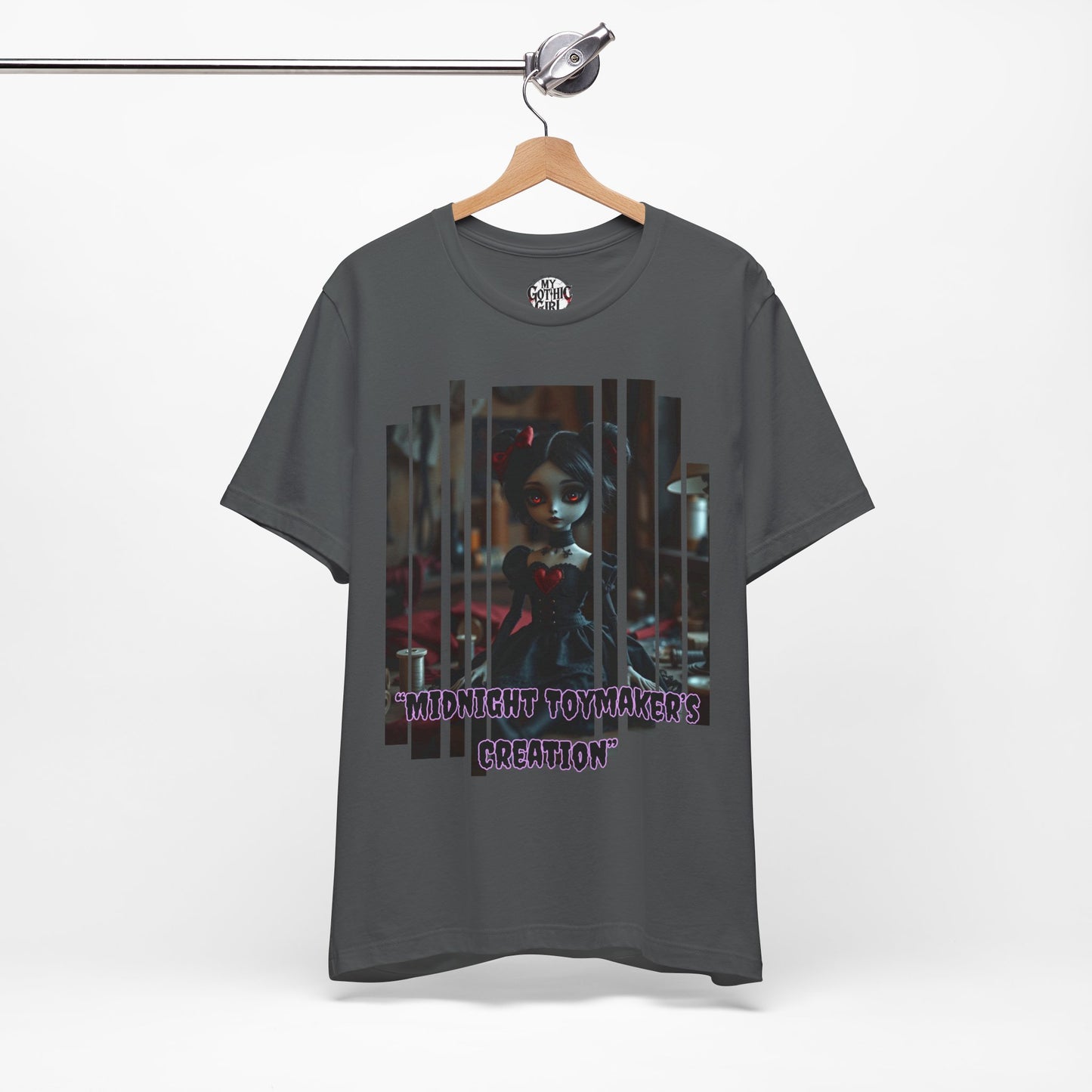“Midnight Toy-maker's Creation” —hand-stitched Gothic doll Graphic T-Shirt – Alt Aesthetic Poetic Goth Street-wear