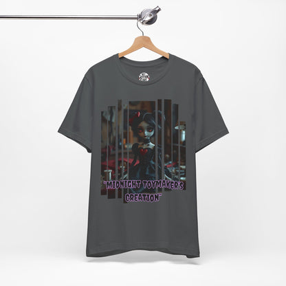 “Midnight Toy-maker's Creation” —hand-stitched Gothic doll Graphic T-Shirt – Alt Aesthetic Poetic Goth Street-wear