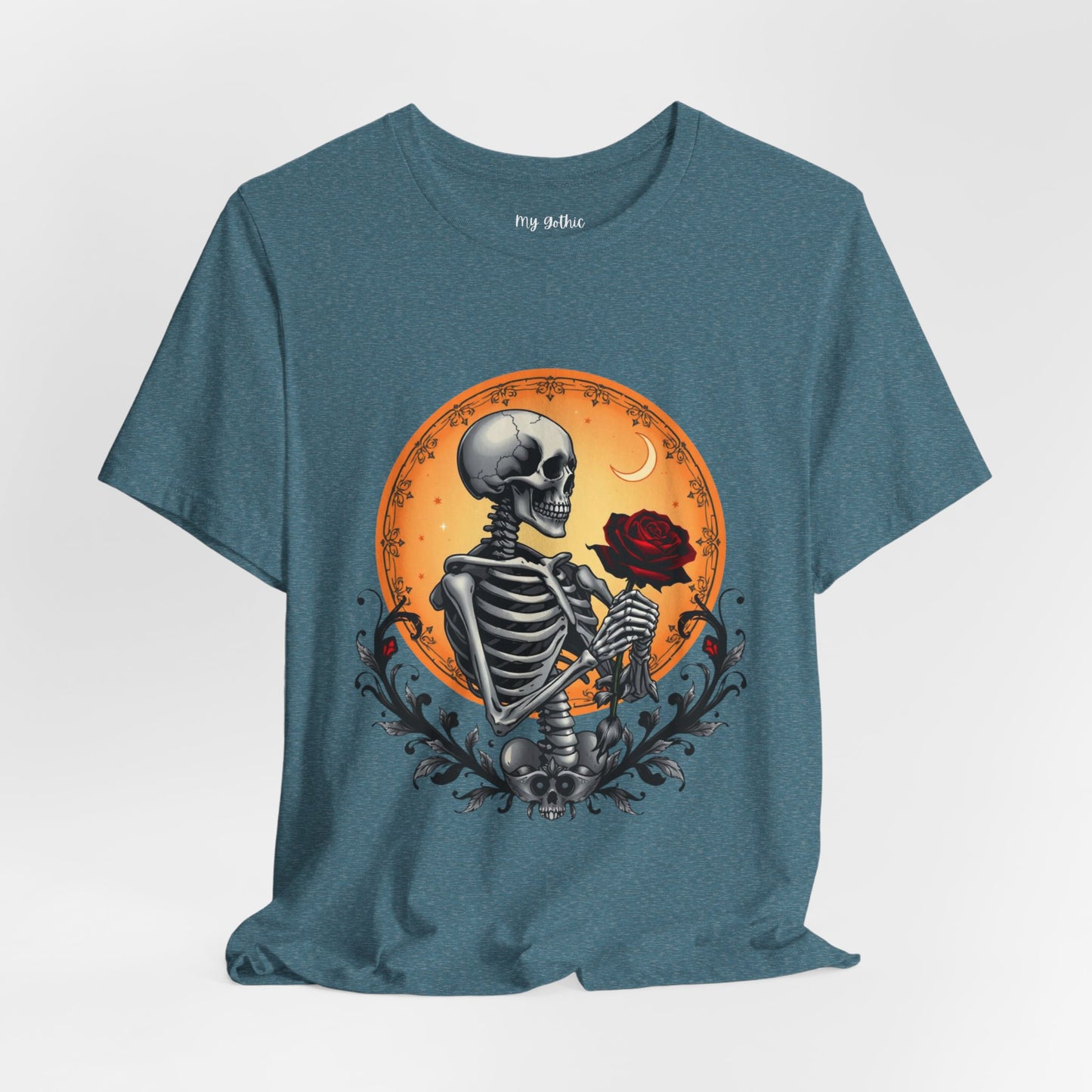 Mystical Gothic Skeleton and Black Rose Under Crescent Moon T-Shirt Design