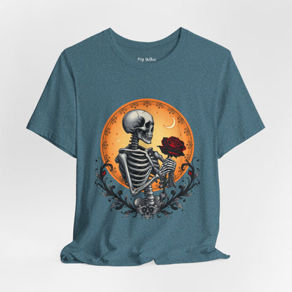 Mystical Gothic Skeleton and Black Rose Under Crescent Moon T-Shirt Design