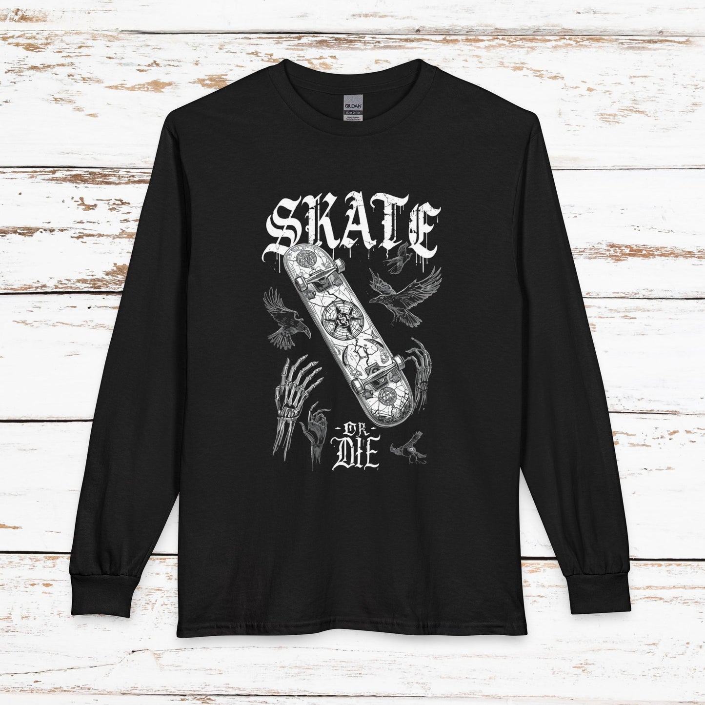 Gothic Skull Skateboard Long Sleeve Shirt — "Skate or Die" Occult Street Rebellion