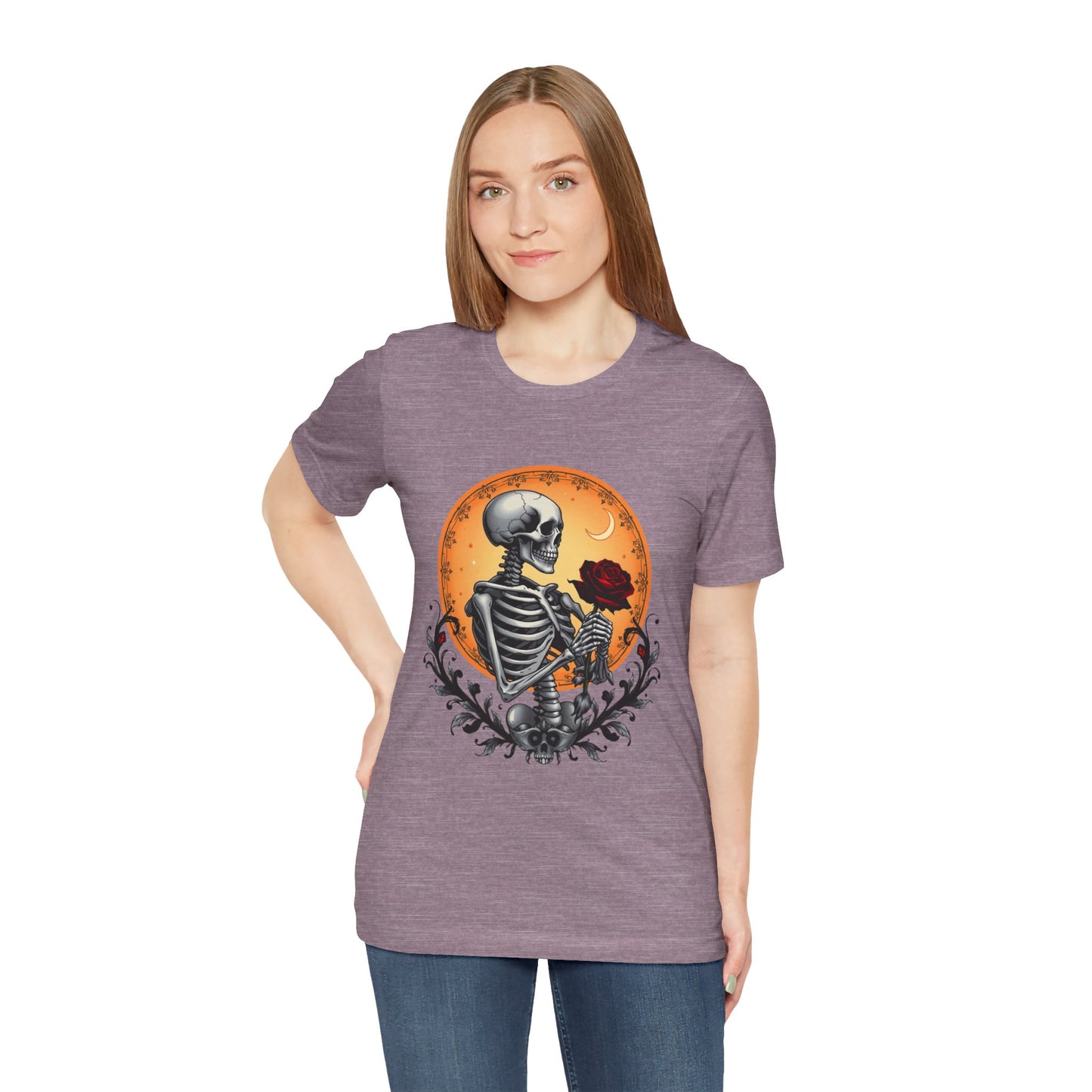 Mystical Gothic Skeleton and Black Rose Under Crescent Moon T-Shirt Design