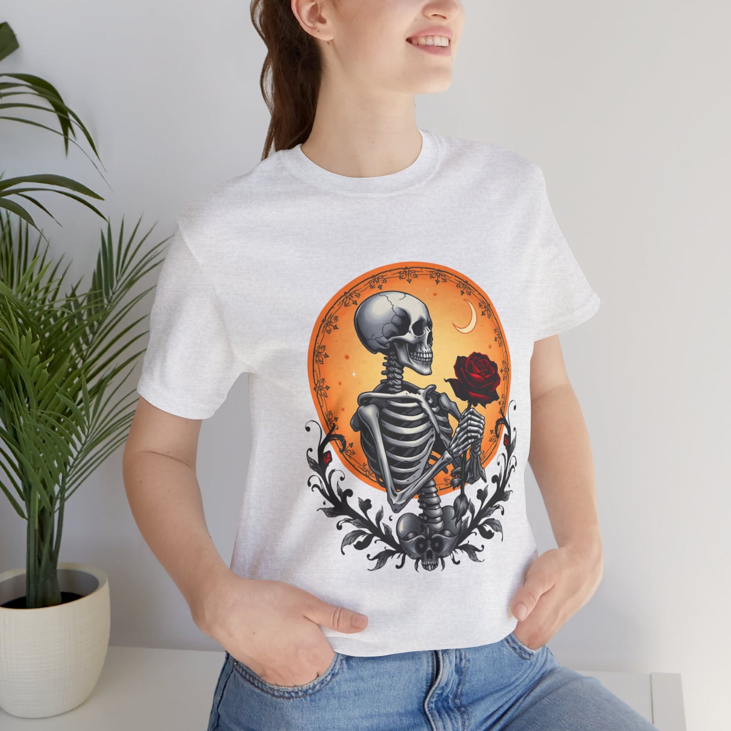 Mystical Gothic Skeleton and Black Rose Under Crescent Moon T-Shirt Design
