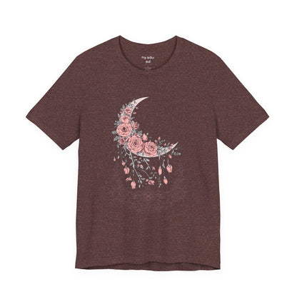Celestial Goth Crescent Moon Tee with Dripping Florals – Mystic Graphic Art