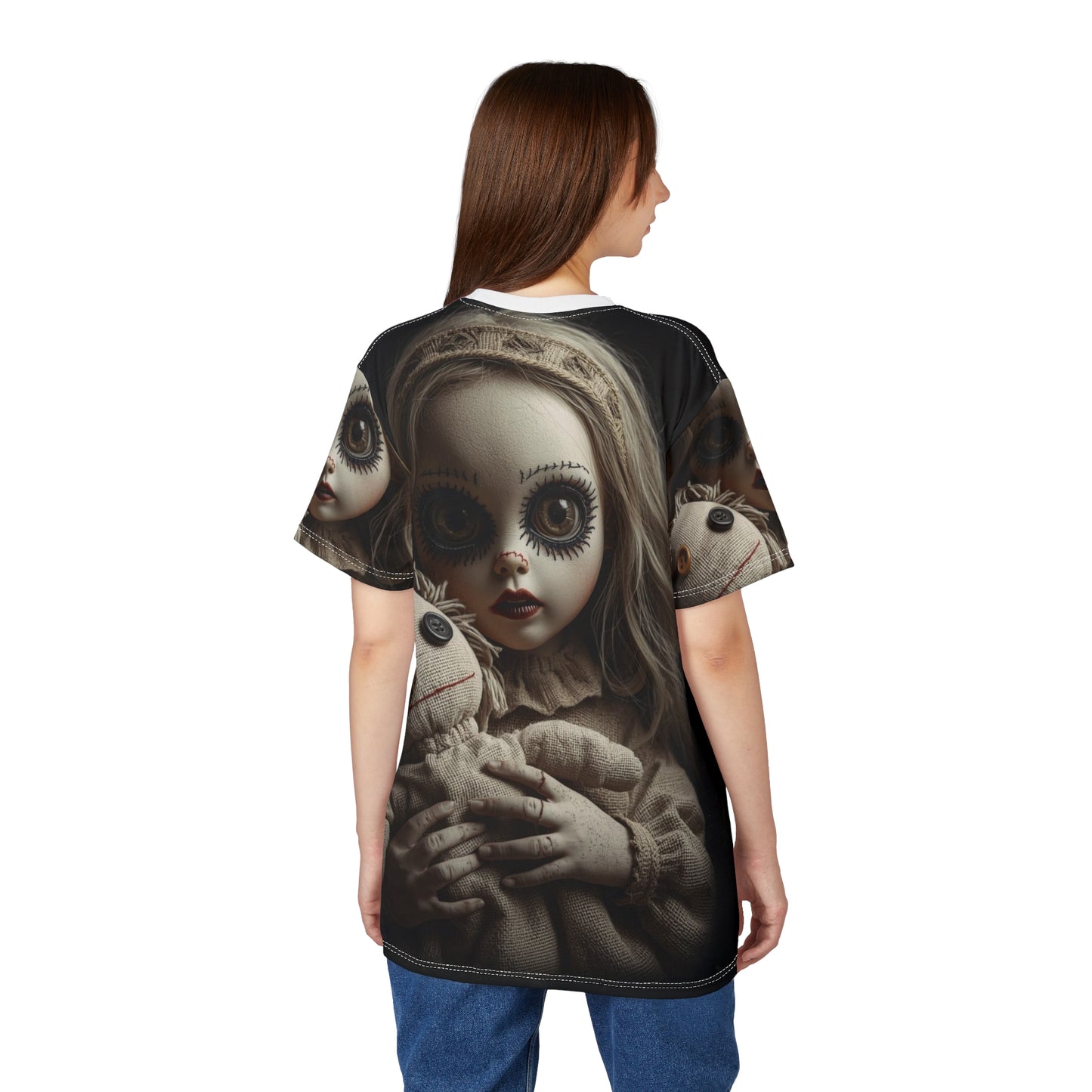 Gunny Sack Doll with Toy Gothic Doll | Horror All-Over Print T‑Shirt