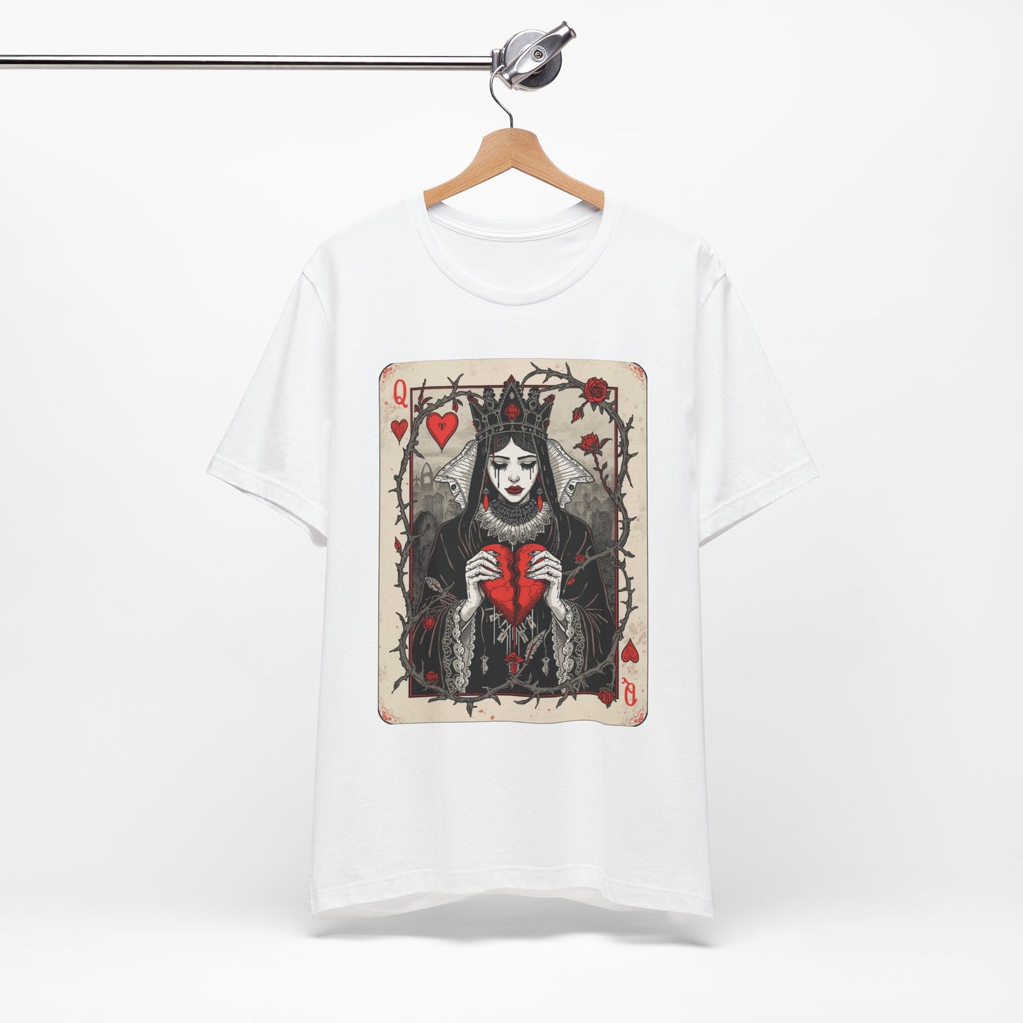 Queen of Hearts Playing Card T-Shirt — Gothic Rose Broken Heart Graphic Tee