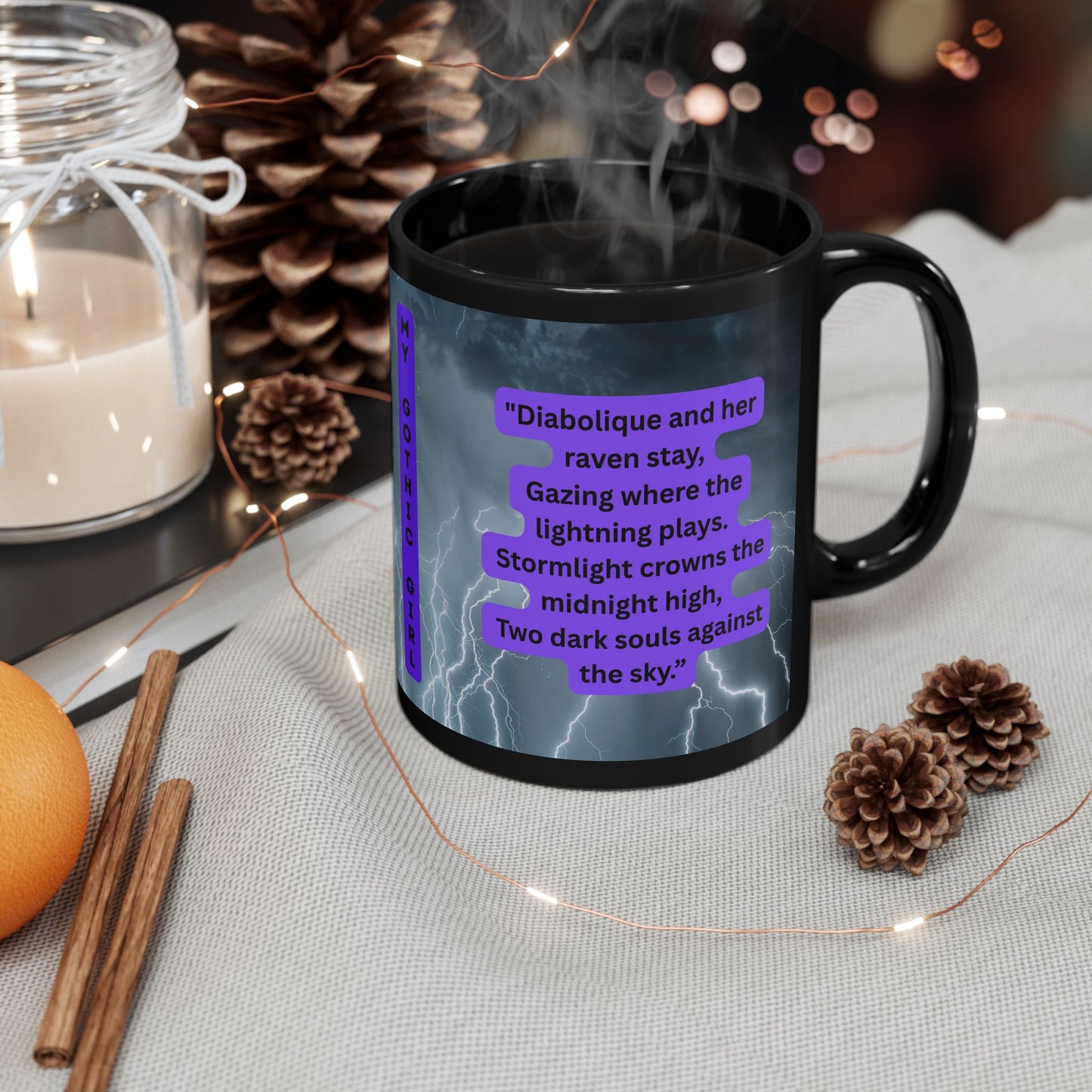 "Diabolique Mistress of Illumination Black 11 oz Mug – “Mystical Gothic witch coffee mug adorned with dark, enchanting design.”