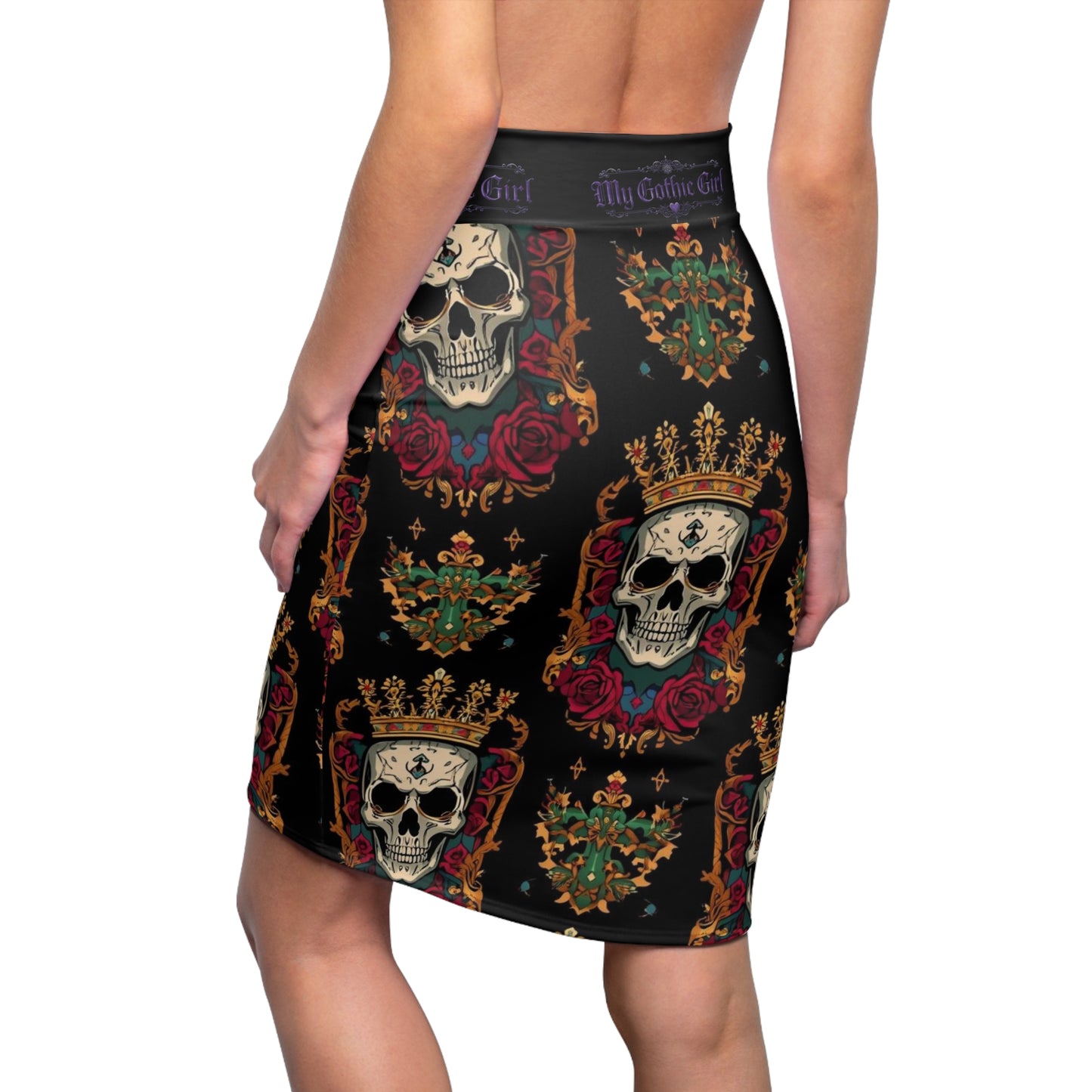 Gothic Skull Crown Pencil Skirt — “My Gothic Girl” Floral Day of the Dead Design