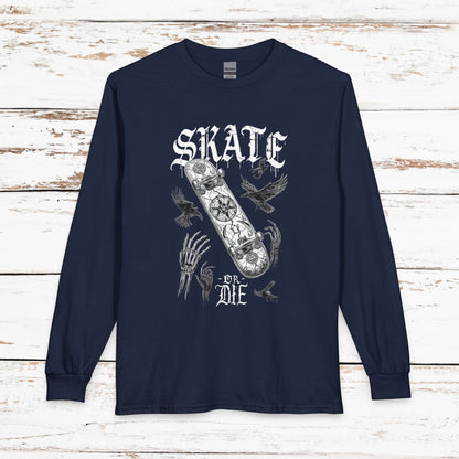 Gothic Skull Skateboard Long Sleeve Shirt — "Skate or Die" Occult Street Rebellion