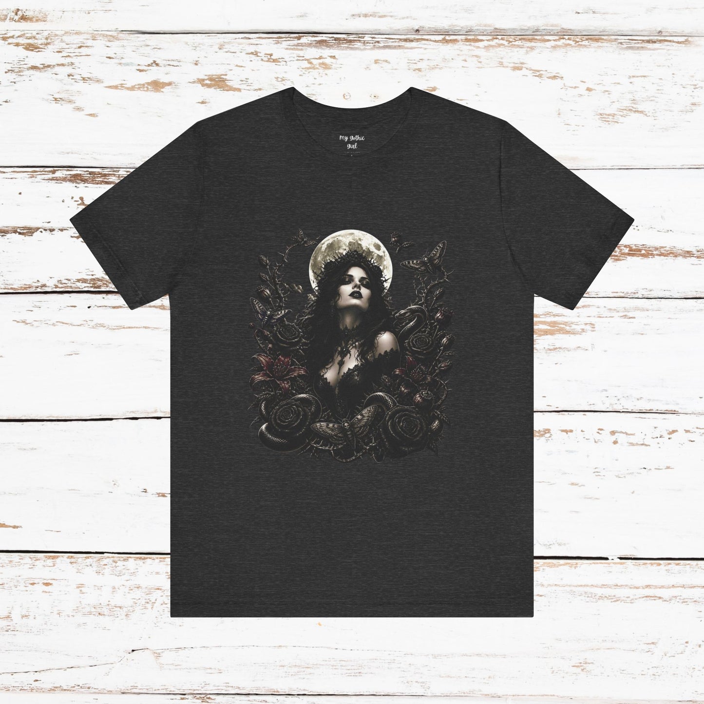 Gothic Moon Goddess Tee – Dark Floral Occult Graphic T-Shirt
