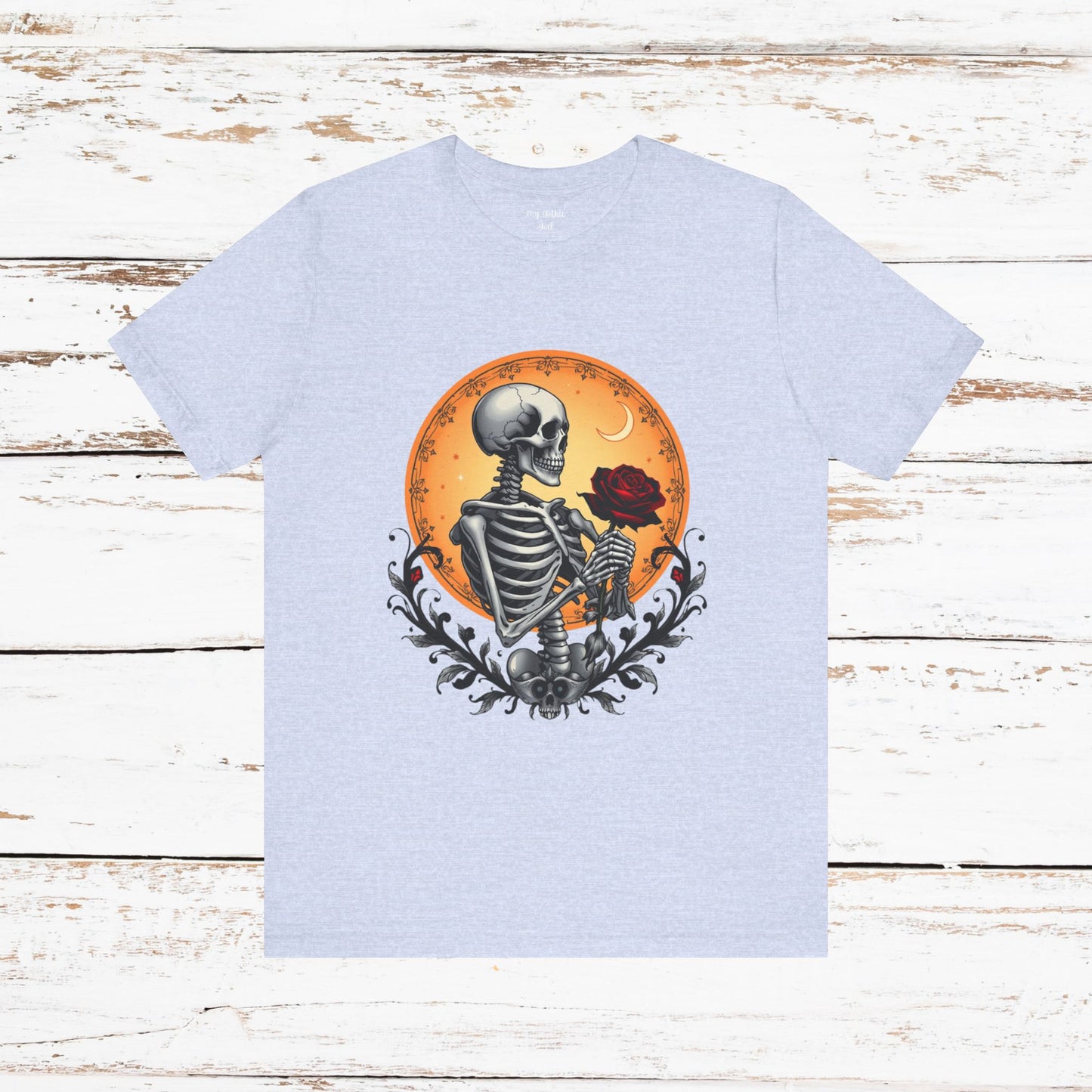 Mystical Gothic Skeleton and Black Rose Under Crescent Moon T-Shirt Design
