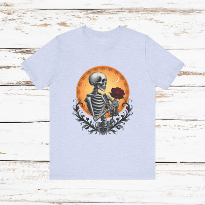 Mystical Gothic Skeleton and Black Rose Under Crescent Moon T-Shirt Design