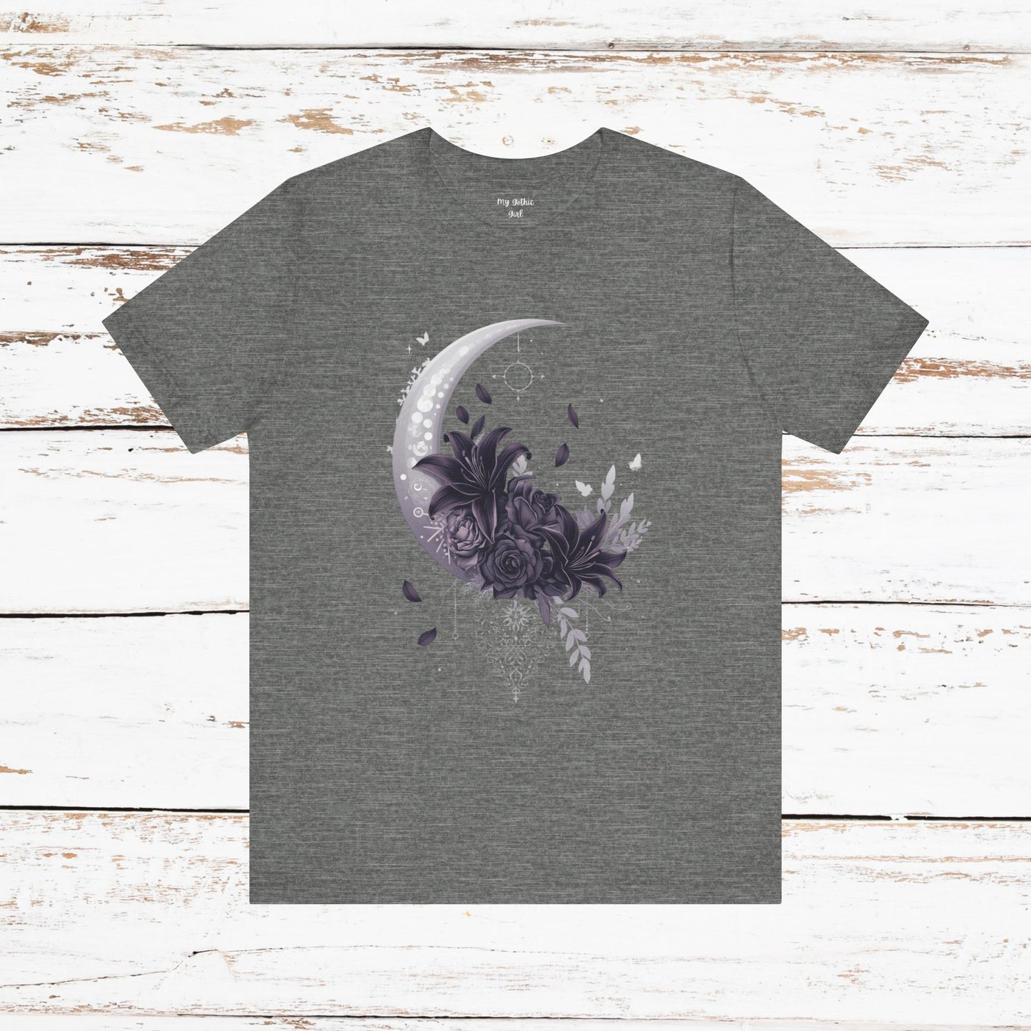 “Moonlit Bouquet & Sacred Soft Goth Symbol” Moonlit Bouquet Unisex Tee - Soft Goth Symbol Floral Design