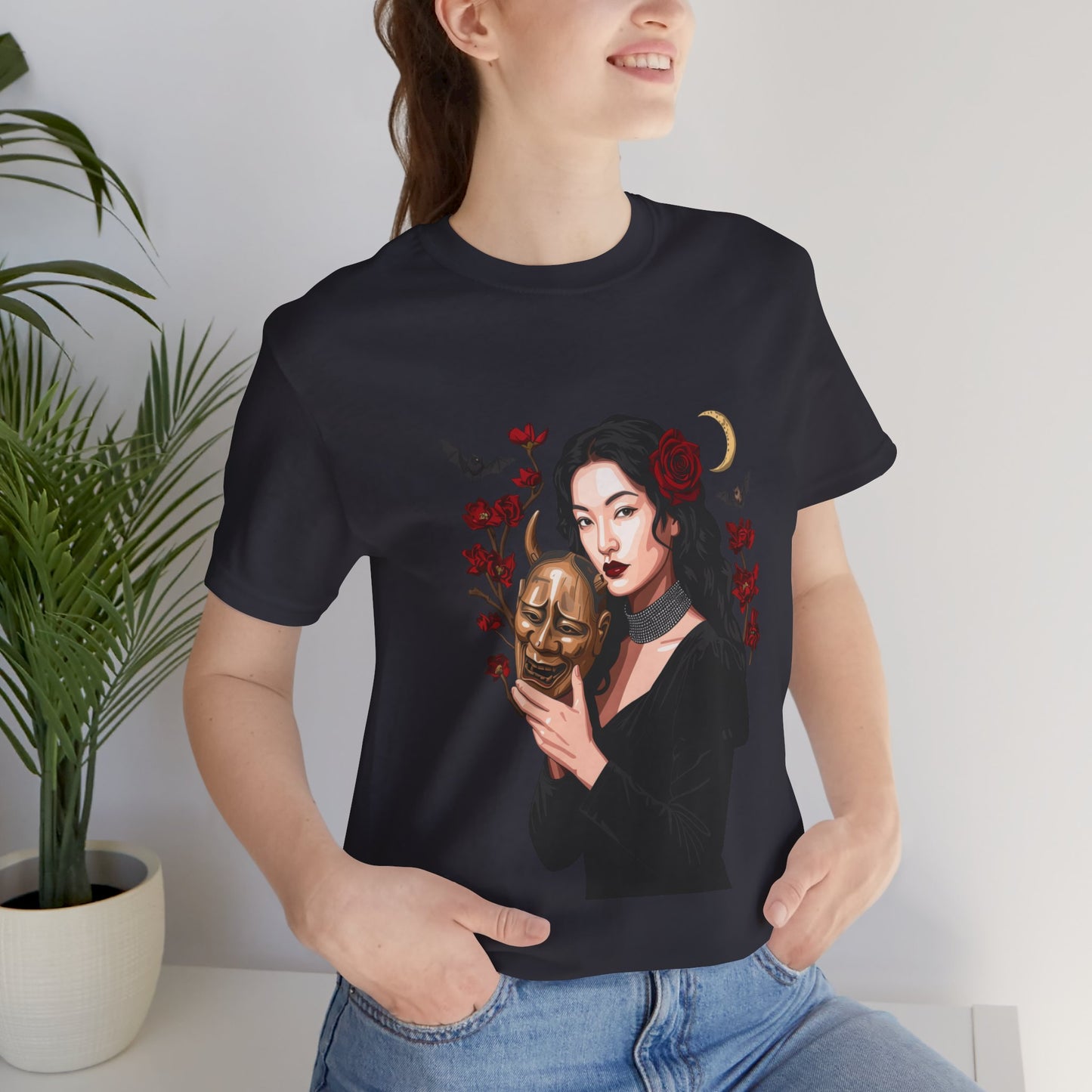 Gothic Rose Maiden Tee — Woman with Mask & Crescent Moon Graphic T-Shirt