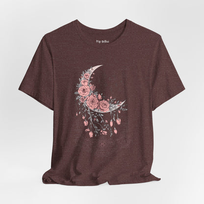 Celestial Goth Crescent Moon Tee with Dripping Florals – Mystic Graphic Art