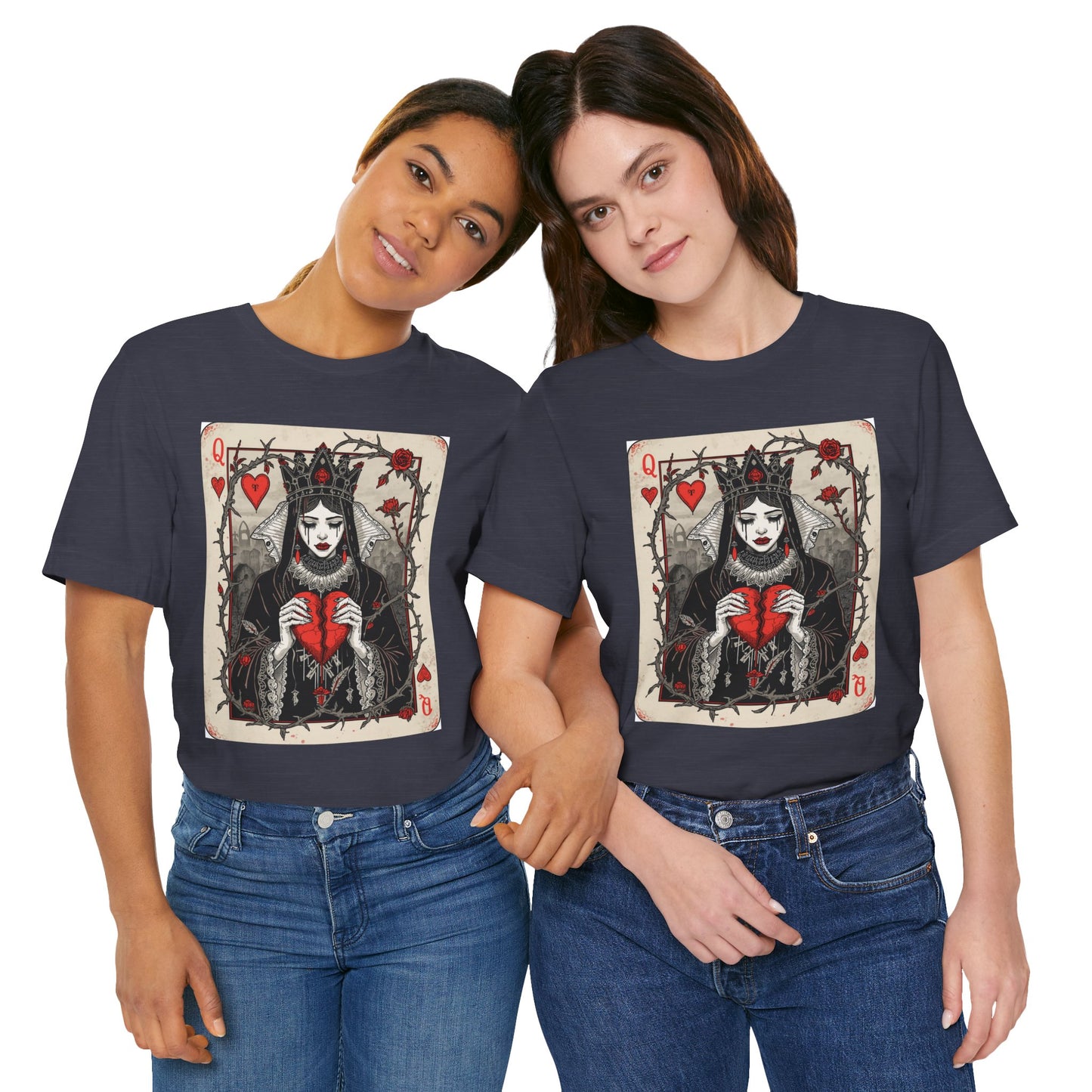 Queen of Hearts Playing Card T-Shirt — Gothic Rose Broken Heart Graphic Tee