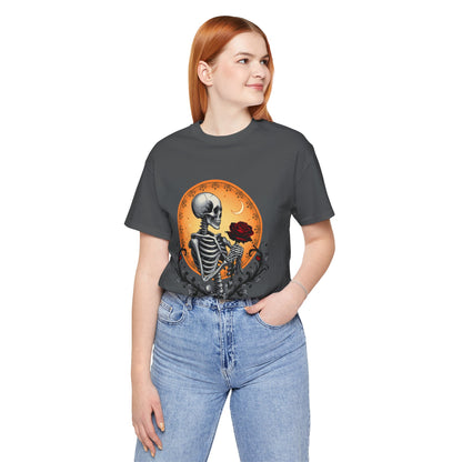 Mystical Gothic Skeleton and Black Rose Under Crescent Moon T-Shirt Design