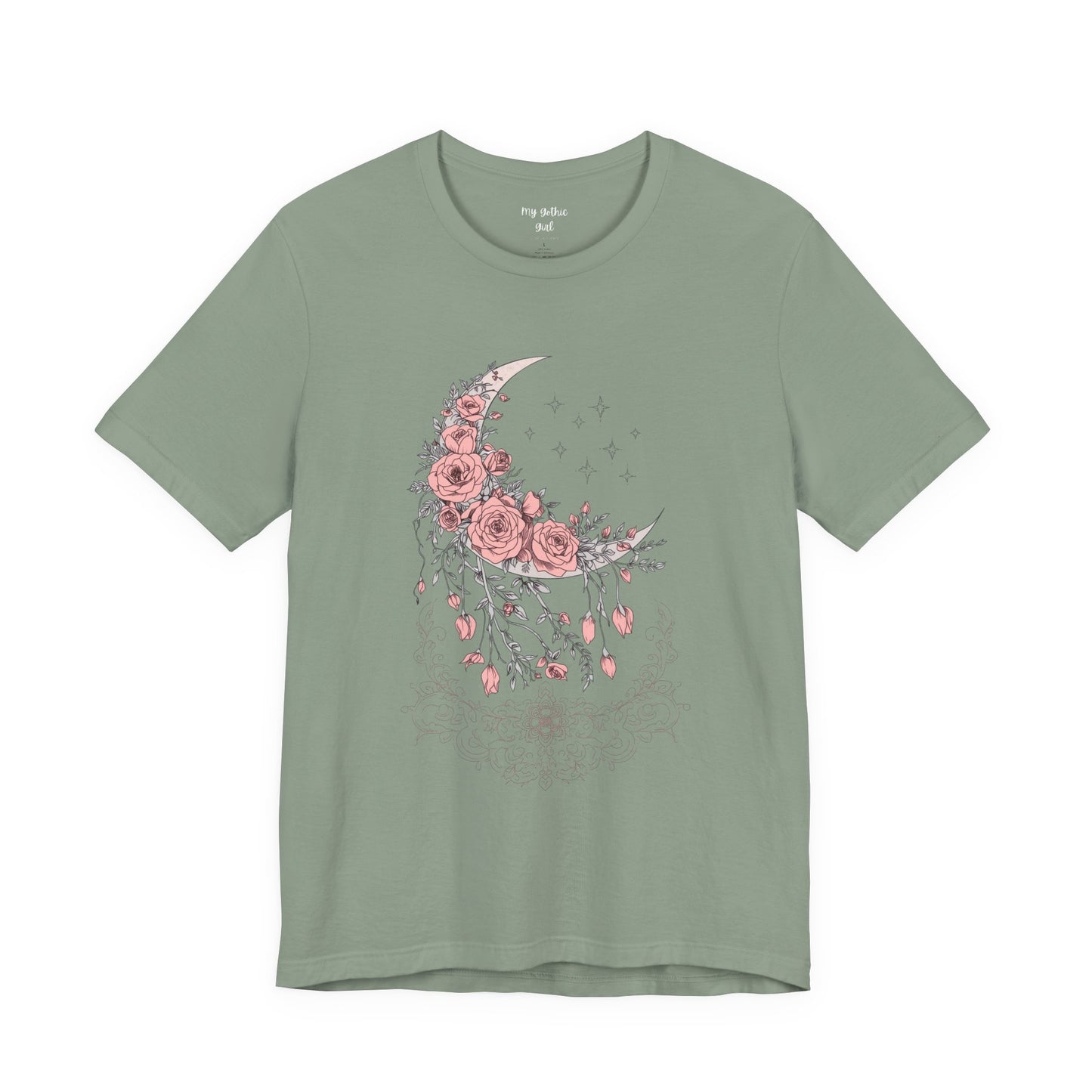 Celestial Goth Crescent Moon Tee with Dripping Florals – Mystic Graphic Art