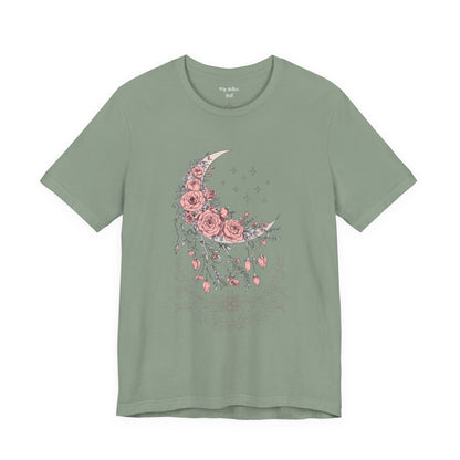 Celestial Goth Crescent Moon Tee with Dripping Florals – Mystic Graphic Art