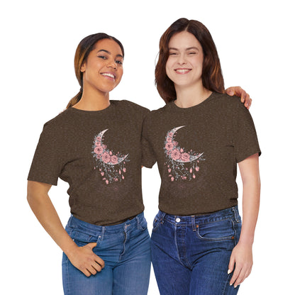 Celestial Goth Crescent Moon Tee with Dripping Florals – Mystic Graphic Art