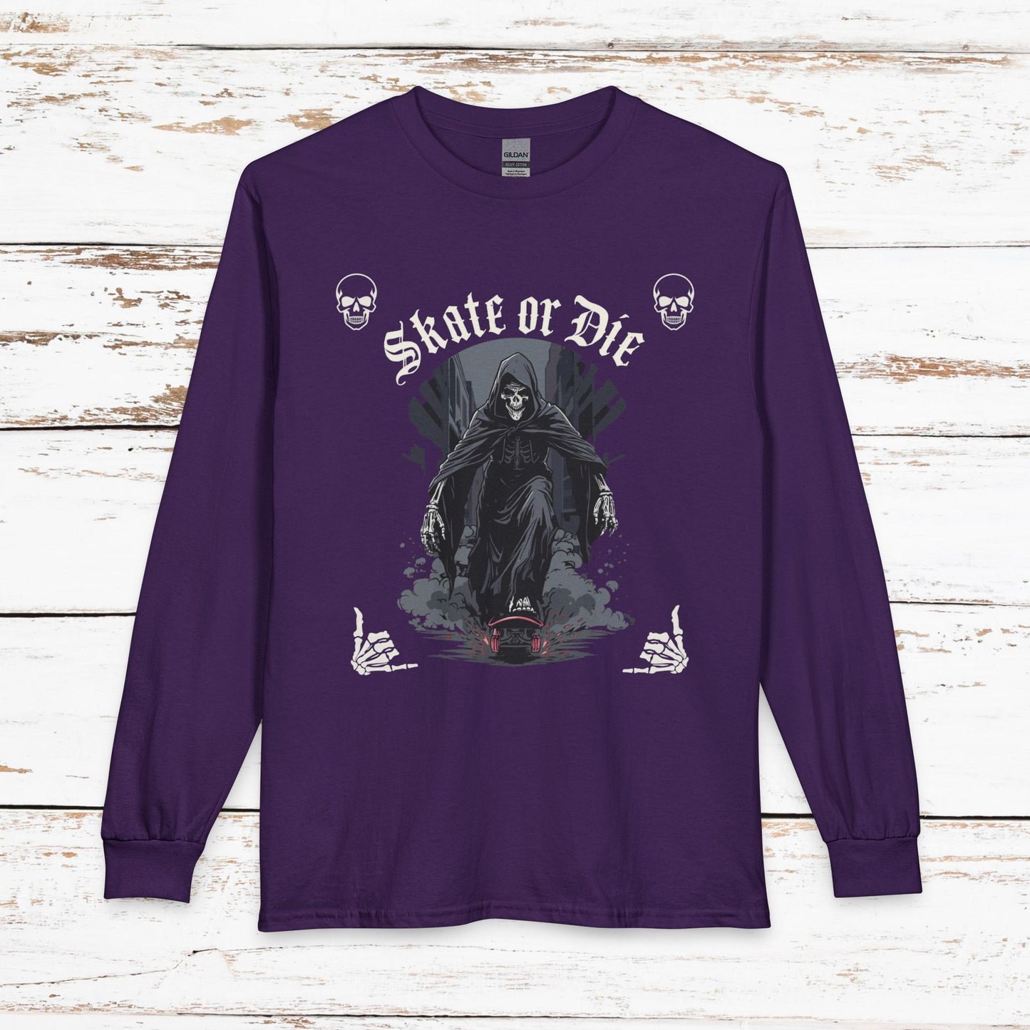Skate or Die Long Sleeve Shirt — Gothic Skull Skateboard Tee