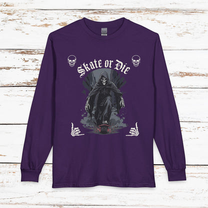 Skate or Die Long Sleeve Shirt — Gothic Skull Skateboard Tee
